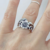 Sterling Silver Sunflower Ring with Leaves, Silver Rings, Leaf Ring, Statement Flowers