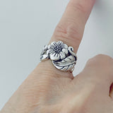 Sterling Silver Sunflower Ring with Leaves, Silver Rings, Leaf Ring, Statement Flowers
