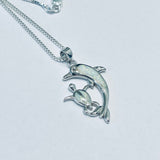 Sterling Silver White Lab Opal Dolphin and Turtle Necklace, Fish Chain, Ocean Animals