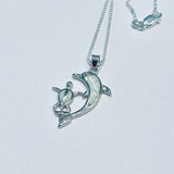 Sterling Silver White Lab Opal Dolphin and Turtle Necklace, Fish Chain, Ocean Animals