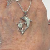 Sterling Silver White Lab Opal Dolphin and Turtle Necklace, Fish Chain, Ocean Animals