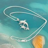 Sterling Silver White Lab Opal Dolphin and Turtle Necklace, Fish Chain, Ocean Animals