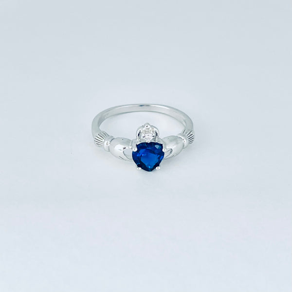 Sterling Silver Blue Sapphire CZ Heart Claddagh Ring, Irish Rings, Friendship Jewelry