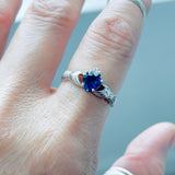 Sterling Silver Blue Sapphire CZ Heart Claddagh Ring, Irish Rings, Friendship Jewelry