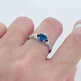 Sterling Silver Blue Sapphire CZ Heart Claddagh Ring, Irish Rings, Friendship Jewelry