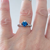 Sterling Silver Blue Sapphire CZ Heart Claddagh Ring, Irish Rings, Friendship Jewelry