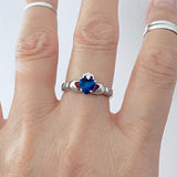 Sterling Silver Blue Sapphire CZ Heart Claddagh Ring, Irish Rings, Friendship Jewelry
