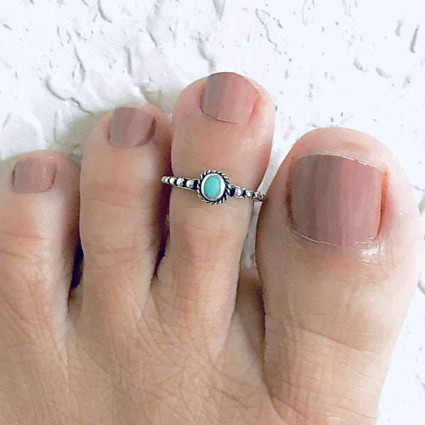 Sterling Silver Bali Style Turquoise Toe Ring | Dainty Boho Stone Silver Rings