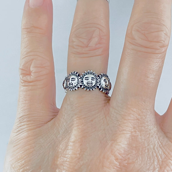 925 Sterling Silver Unisex Sunny Faces Band Ring | Sunshine Boho Sun Jewelry