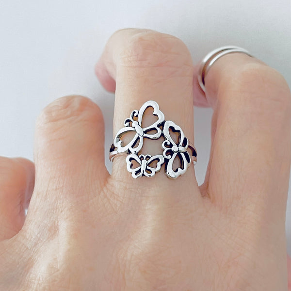 925 Sterling Silver Three Butterfly Ring | Boho Spirit Animal Insect Jewelry