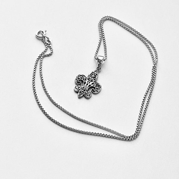 Sterling Silver Small Filigree Fleur De Lis Necklace, Silver Necklaces, Saints Chain, France, Lily