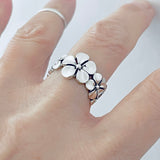 Sterling Silver Triple Plumeria Ring with Leaf, Floral Rings, Hawaii Flower Jewelry