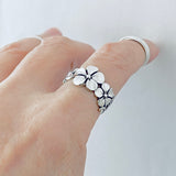 Sterling Silver Triple Plumeria Ring with Leaf, Floral Rings, Hawaii Flower Jewelry