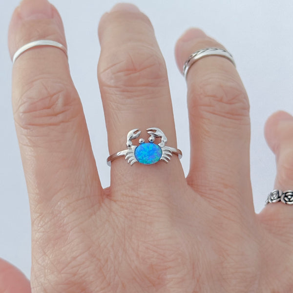 Sterling Silver Blue Lab Opal Crab Ring, Ocean Rings, Crustacean, Beach Jewelry