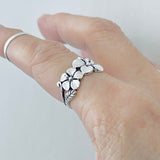 Sterling Silver Triple Plumeria Ring with Leaf, Floral Rings, Hawaii Flower Jewelry