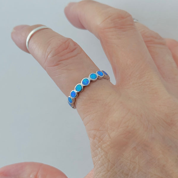 Sterling Silver Eternity Blue Lab Opal Ring, Wedding Band, Stackable Jewelry
