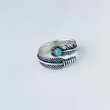 Sterling Silver Feather Ring with Synthetic Turquoise, Feather Ring, Silver Ring, Angels Wing