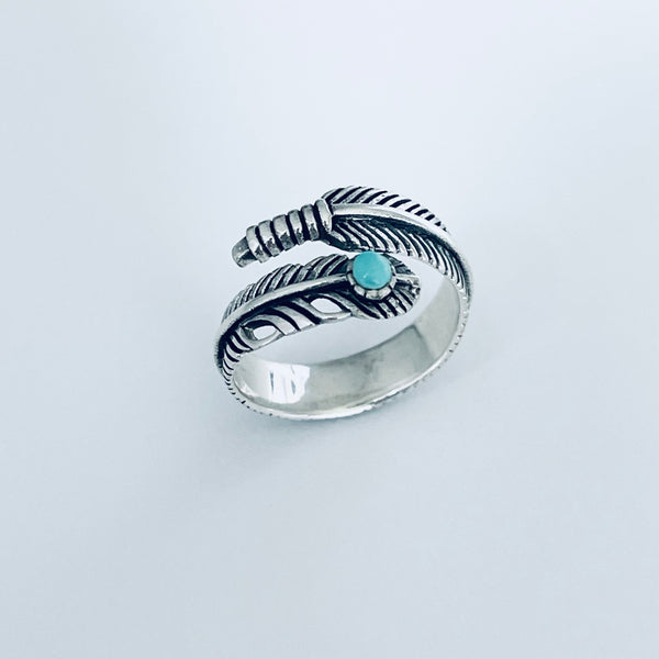 Sterling Silver Feather Ring with Synthetic Turquoise, Feather Ring, Silver Ring, Angels Wing