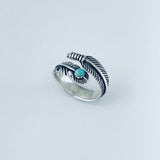 Sterling Silver Feather Ring with Synthetic Turquoise, Feather Ring, Silver Ring, Angels Wing