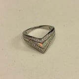 Sterling Silver White Lab Opal V Shape Ring with CZ, Silver Ring, Boho Ring