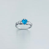 Sterling Silver Blue Topaz CZ Heart Claddagh Ring, Silver Ring, Love Ring, Irish Ring, December Birthstone Ring