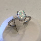 Sterling Silver Oval White Lab Opal with CZ Ring, Opal Ring, Silver Rings
