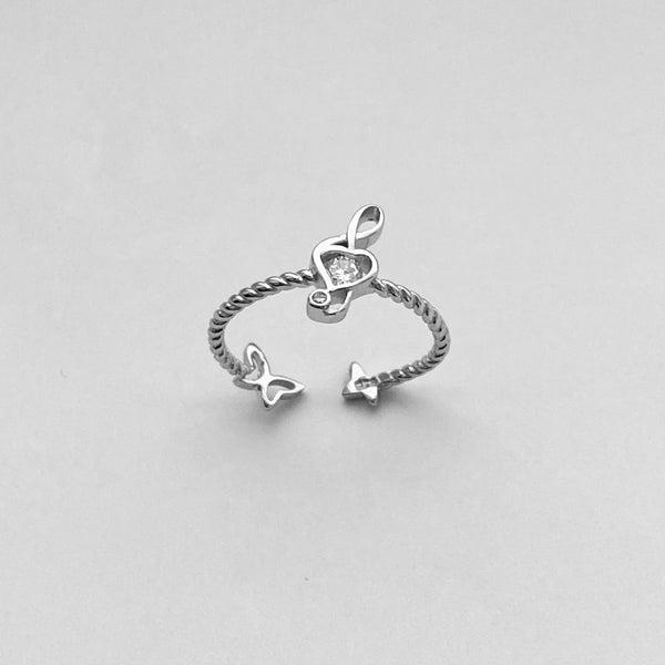 Sterling Silver Music Note and Butterfly Ring with CZ, Music Ring, Silver Ring, Boho Ring