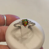 Sterling Silver Teardrop CZ and Black Lab Opal Ring, Silver Ring, CZ Ring