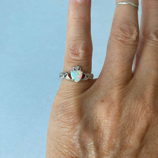 Sterling Silver White Lab Opal Heart Claddagh Ring, Silver Ring, Friendship Ring, Opal Ring