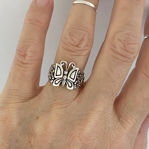 Sterling Sterling Plumeria and Butterfly Ring, Spirit Ring, Silver Ring, Flower Ring, Boho Ring