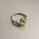 Sterling Silver Claddagh with Yellow Topaz CZ Heart Ring