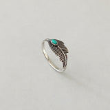 Sterling Silver Feather Ring with Synthetic Turquoise, Boho Ring, Silver Ring