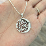 Sterling Silver Large Moon and Mandala Necklace, Silver Necklace, Flower Necklace, Moon Necklace, Boho Necklace