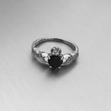 Sterling Silver Black CZ Heart Claddagh Ring, Silver Ring, Boho Ring, Friendship Ring