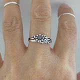 Sterling Silver Small Sunflower Ring with Leaf, Flower Ring, Silver Ring, Leaf Ring, Tree Ring