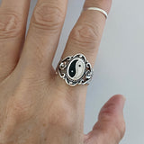 Sterling Silver Large Yin and Yang Ring with Flower, Yoga Ring, Boho Ring, Silver Ring