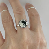 Sterling Silver Round Yin and Yang Ring with Braid, Yoga Ring, Boho Ring, Silver Ring
