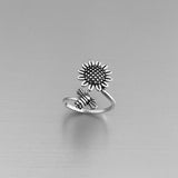 Sterling Silver Dainty Bumblebee And Sunflower Ring, Flower Ring, Silver Rings, Bee Ring
