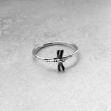 Sterling Silver Small Sideway Dragonfly Ring With Hammer Band, Dainty Ring, Silver Ring, Spirit Ring