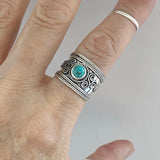 Sterling Silver Bali Style Genuine Turquoise Ring, Statement Ring, Boho Ring, Silver Ring