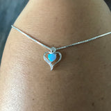 Sterling Silver Blue Lab Opal and Clear CZ Heart Necklace, Silver Necklace, Opal Necklace