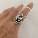 Sterling Silver Large Rose Ring with Branches and Leaves, Boho Ring, Statement Ring, Flower Ring