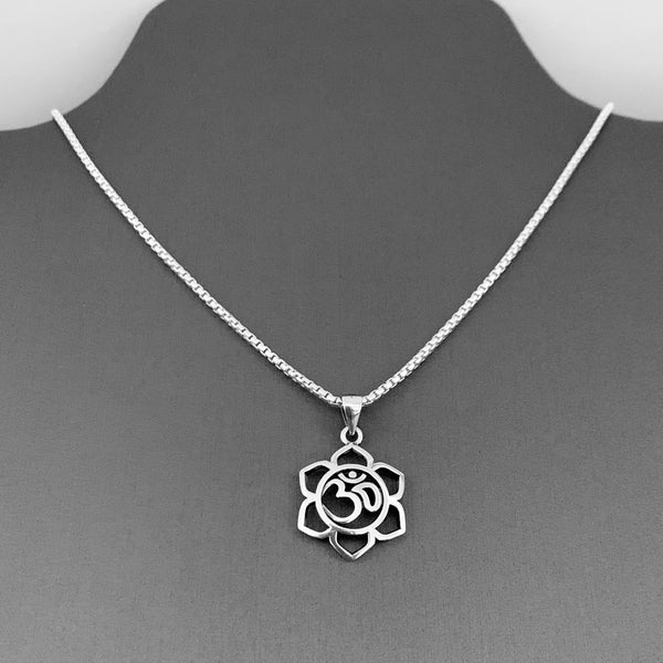 Sterling Silver Lotus OM Necklace, Silver Necklace, Lotus Necklace, Flower Necklace