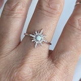 Sterling Silver Clear CZ and White Lab Opal Starburst Ring, Opal Ring, Boho Ring
