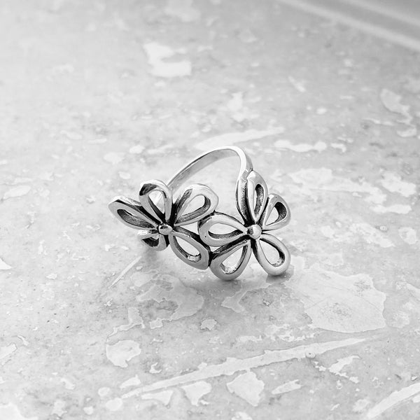 Vivid Aesthetic Multi-color Blossom Winter Flower Wide Band Silver Ring 