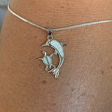 Sterling Silver White Lab Opal Dolphin and Turtle Necklace, Silver Necklace, Dolphin Necklace