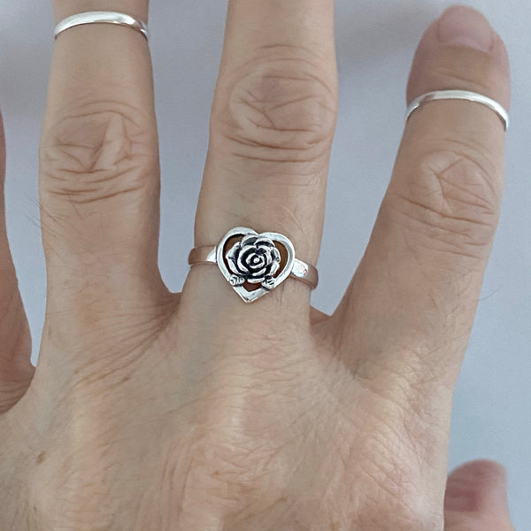 Sterling Silver Love Rose Ring, Flower Ring, Silver Ring, Boho Ring, Heart Ring
