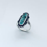 Sterling Silver Boho Long Oval Genuine Turquoise Ring, Silver Ring, Statement Ring, Boho Ring