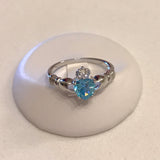Sterling Silver Aquamarine CZ Heart Claddagh Ring, Silver Ring, Friendship Ring, Loyalty Ring