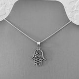 Sterling Silver Flower Hamsa Necklace, Silver Necklace, Boho Necklace, Hand Of God Necklace
